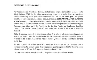 Anuncio contratación 2 desempleados por la Junta Vecinal de Arbejal cofinanciado por el Fondo Social Europeo